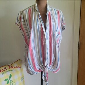 Old Navy Womens XL Tie Front Stripe Button Down Shirt Short Sleeve Multi Color